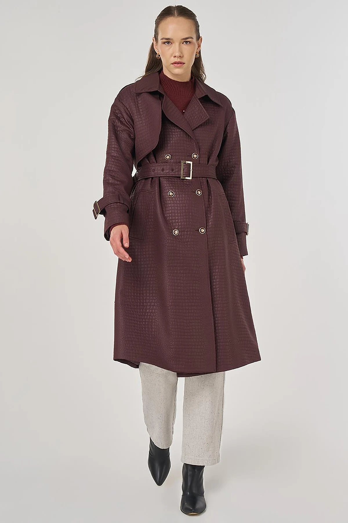 Buckle Detailed Embossed Trench Coat Dark Burgundy