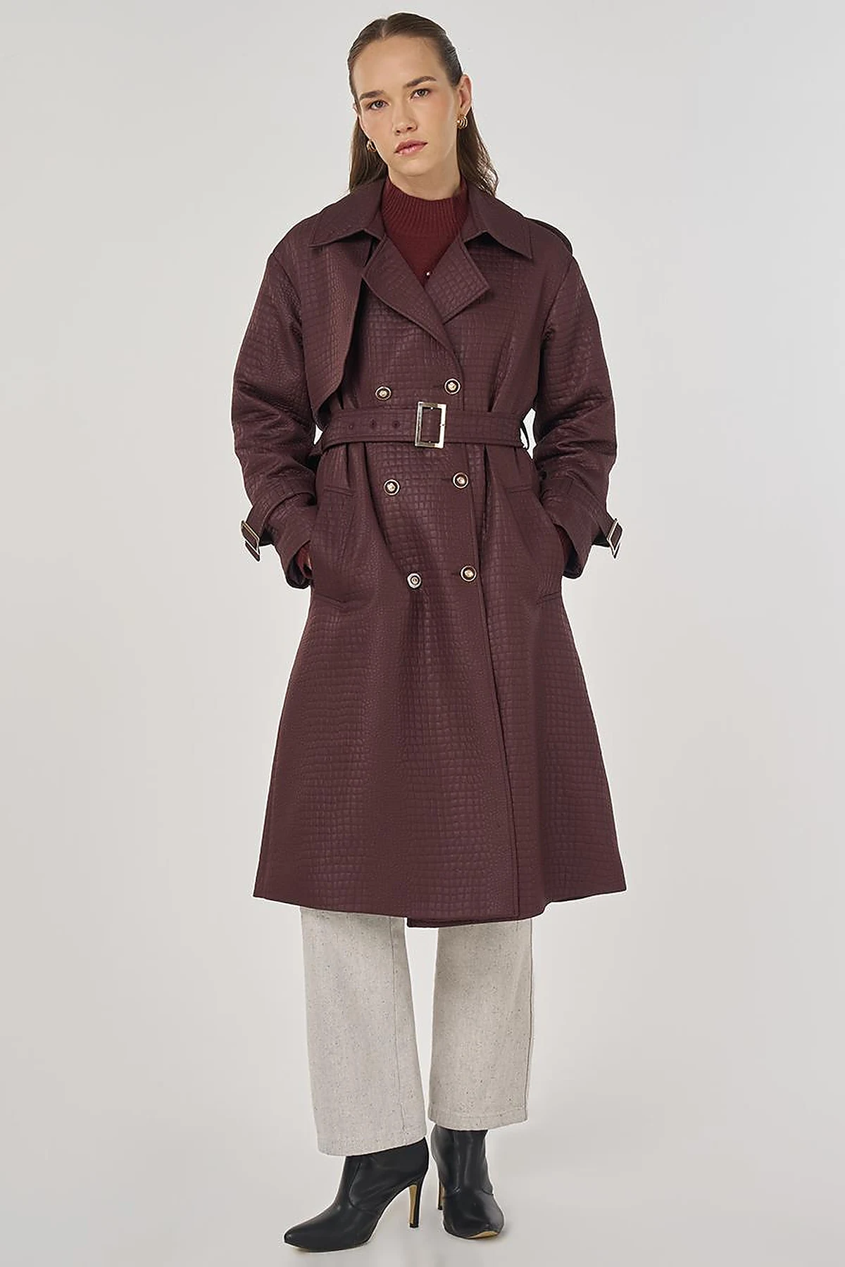 Buckle Detailed Embossed Trench Coat Dark Burgundy
