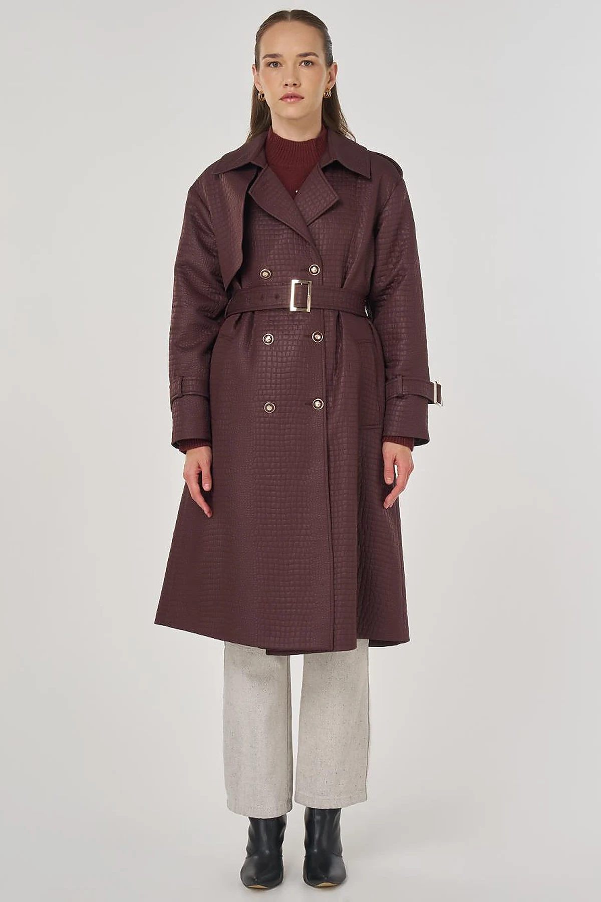 Buckle Detailed Embossed Trench Coat Dark Burgundy