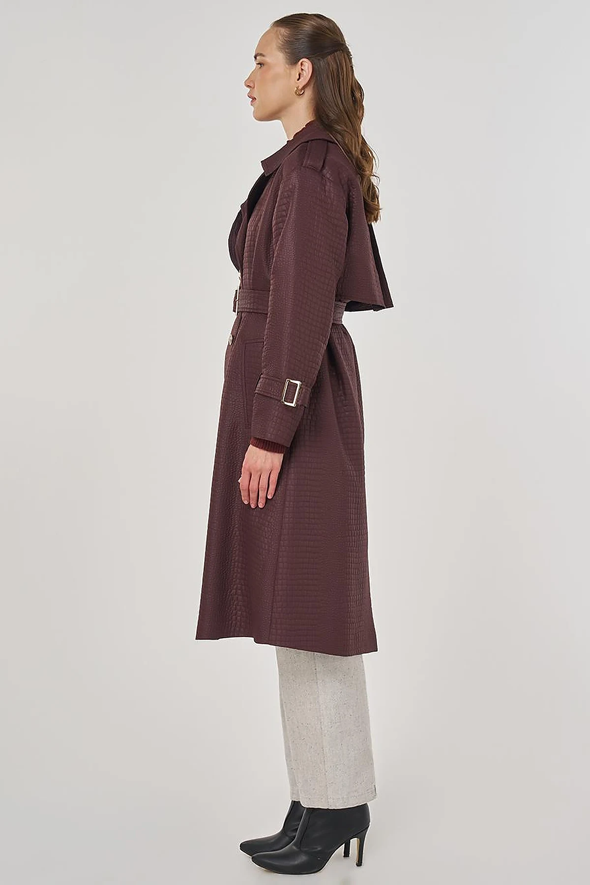 Buckle Detailed Embossed Trench Coat Dark Burgundy