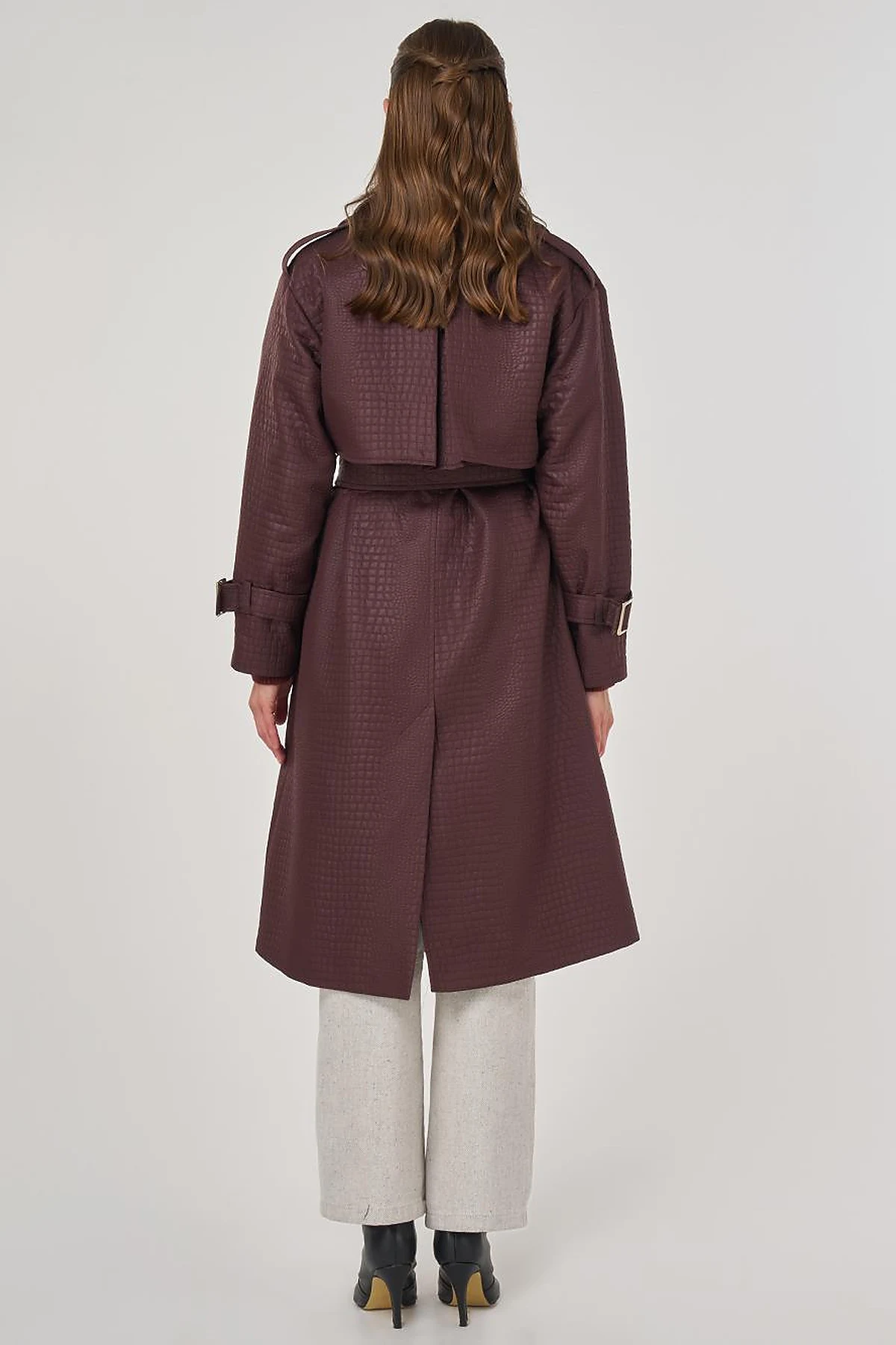 Buckle Detailed Embossed Trench Coat Dark Burgundy