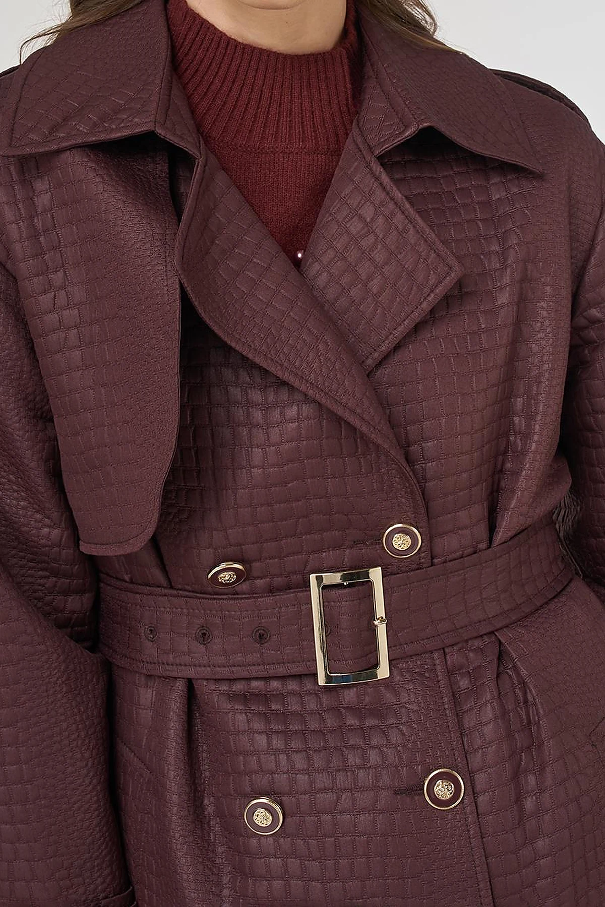 Buckle Detailed Embossed Trench Coat Dark Burgundy