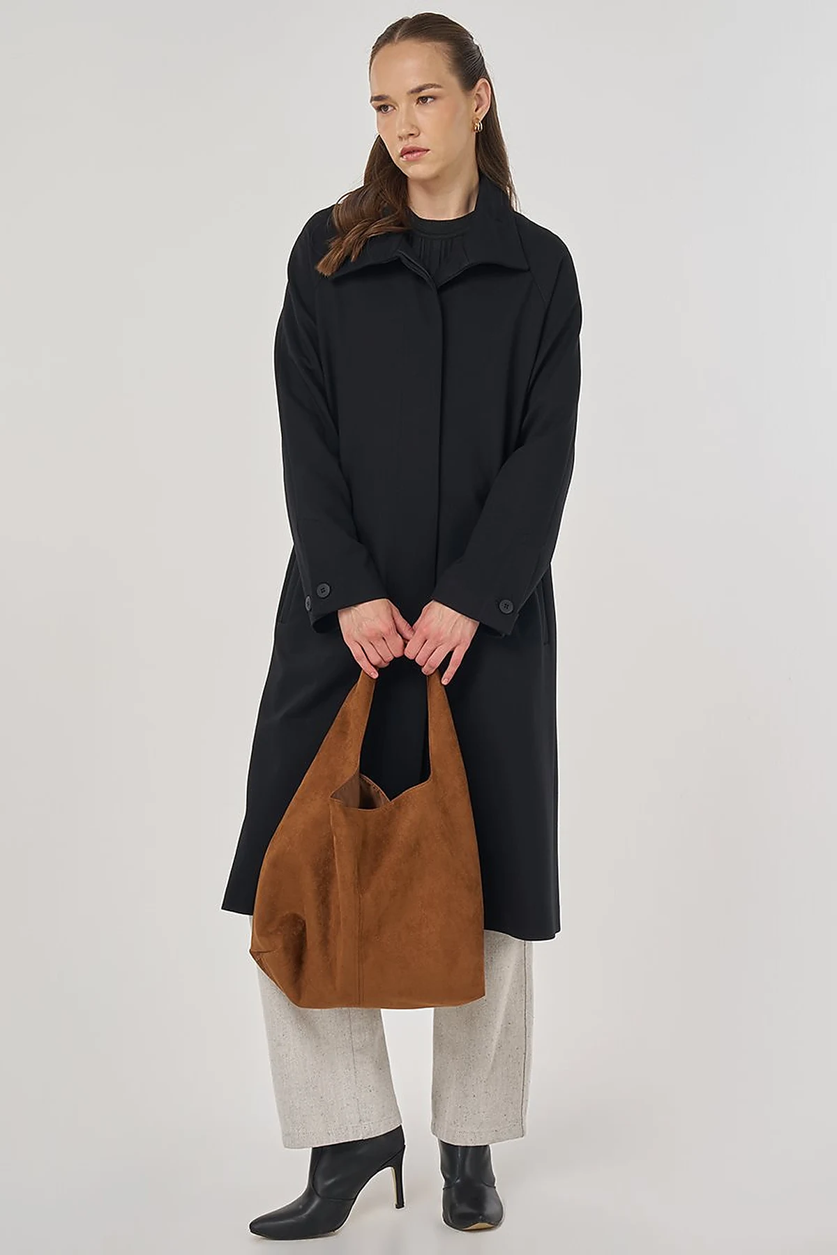 Stand Collar Raglan Sleeve Coat Black