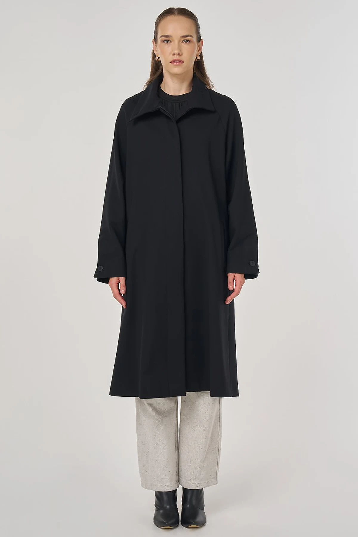 Stand Collar Raglan Sleeve Coat Black