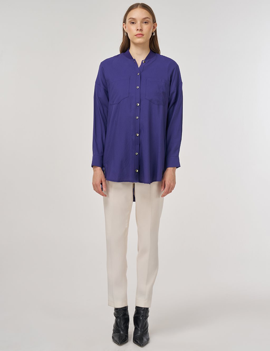 College Collar Linen-Viscose Tunic Navy