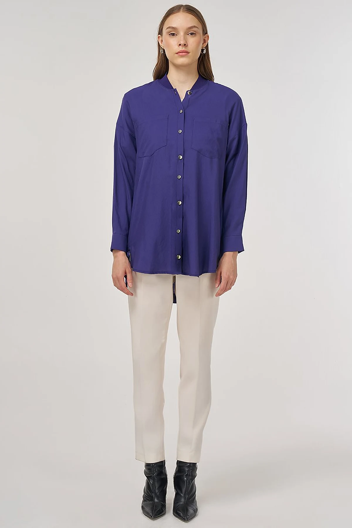 College Collar Linen-Viscose Tunic Navy