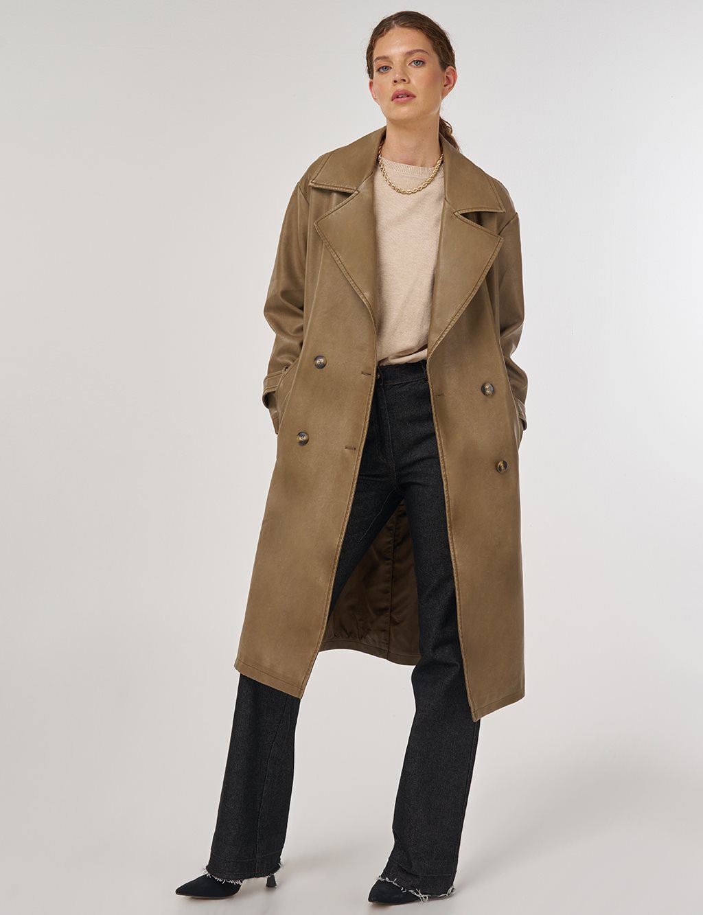 Apolet Detaylı Suni Deri Trençkot Açık Kahve 