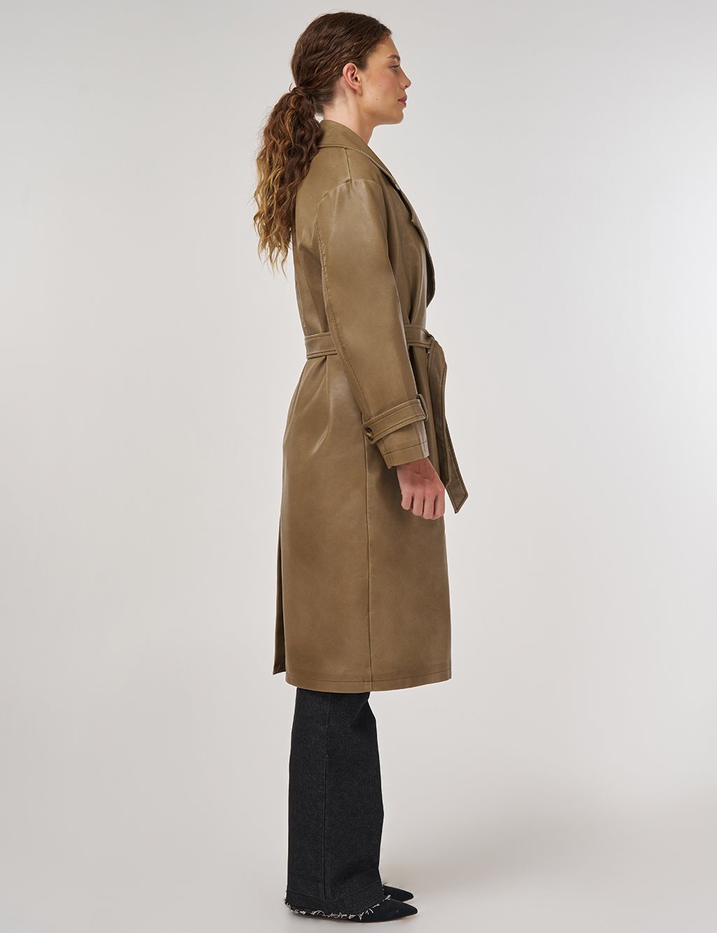 Apolet Detaylı Suni Deri Trençkot Açık Kahve 