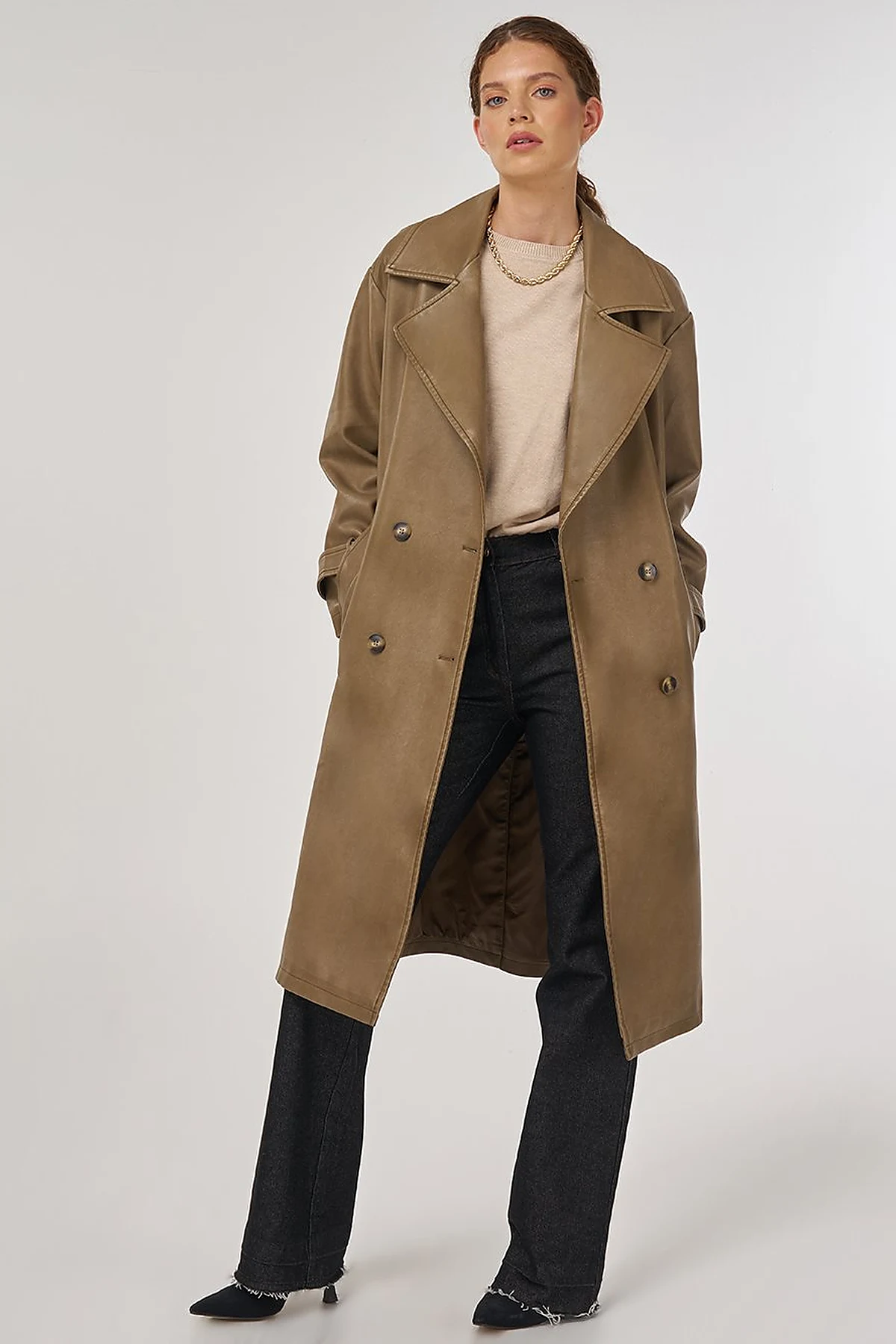 Faux Leather Trench Coat with Epaulet Details Light Brown