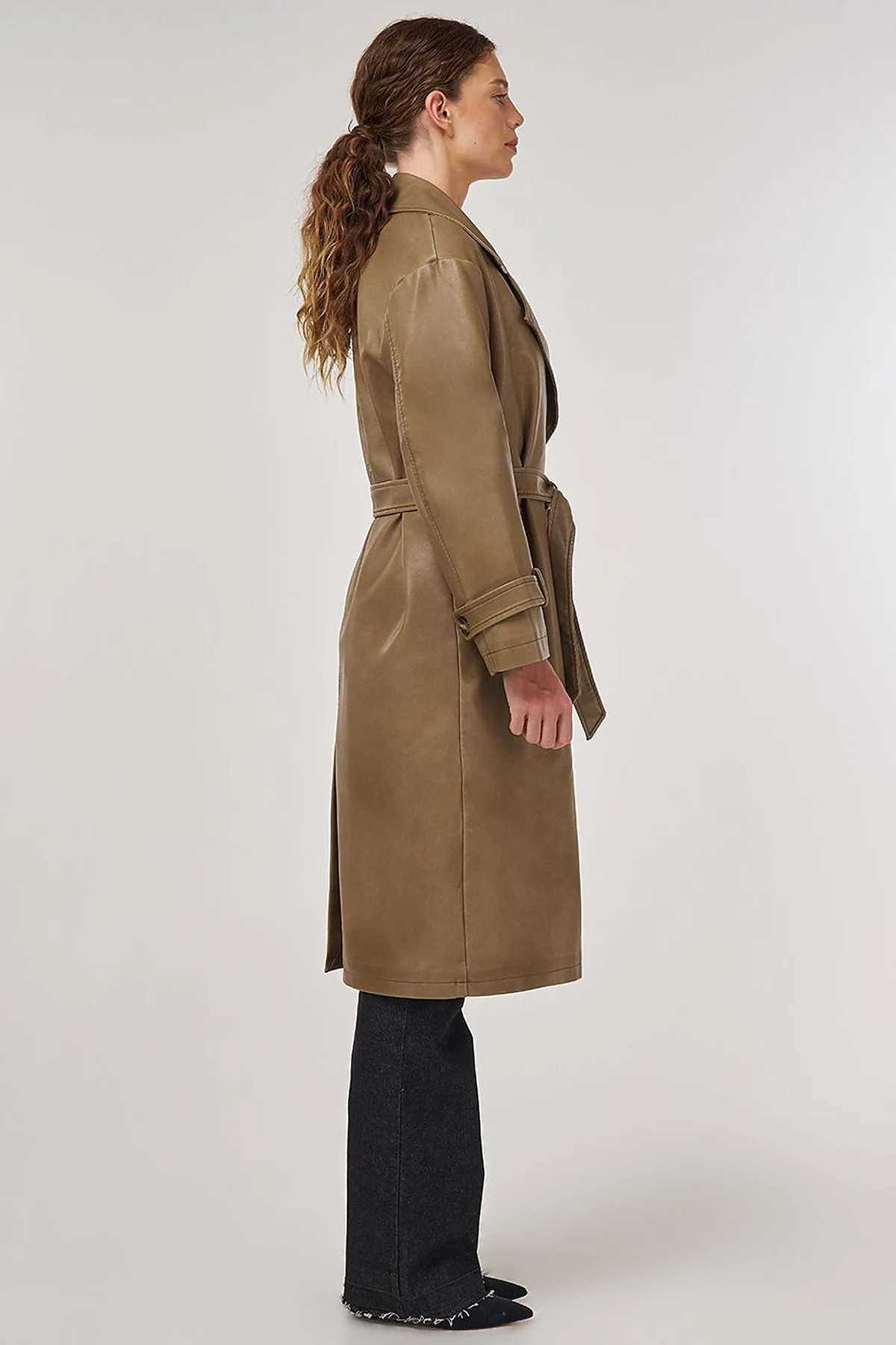 Faux Leather Trench Coat with Epaulet Details Light Brown