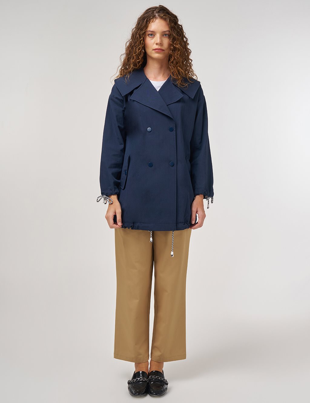 Buttoned Wide Collar Trench Coat Dark Navy