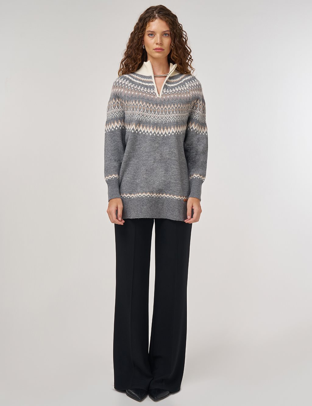 Fermuar Kapamalı Triko Tunik Gri 