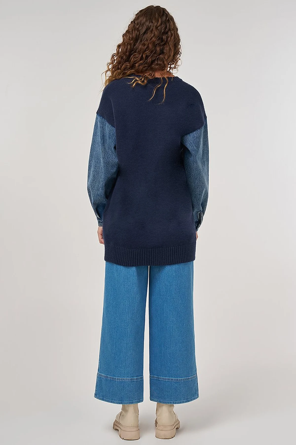 Denim Garnished Knit Tunic in Navy Blue