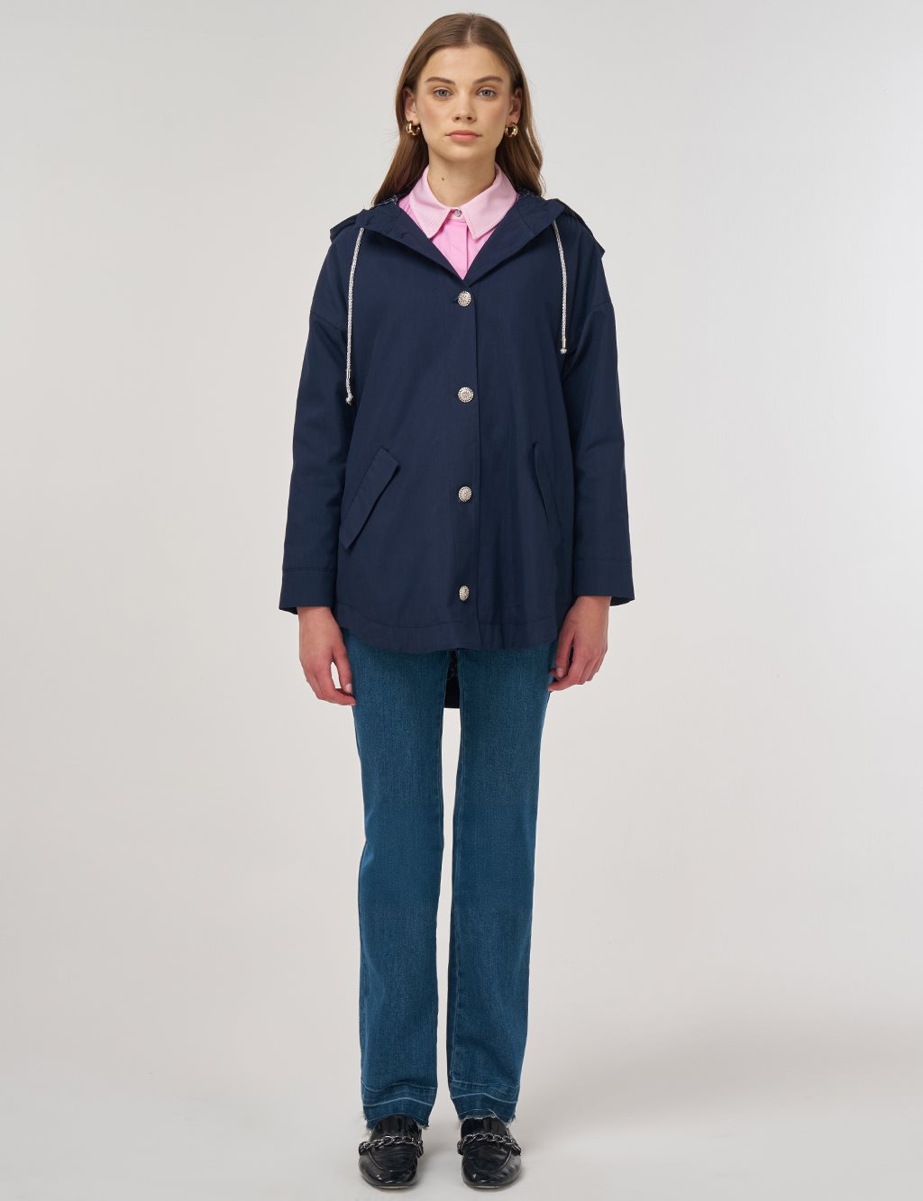 Buttoned Short Trench Coat Dark Navy