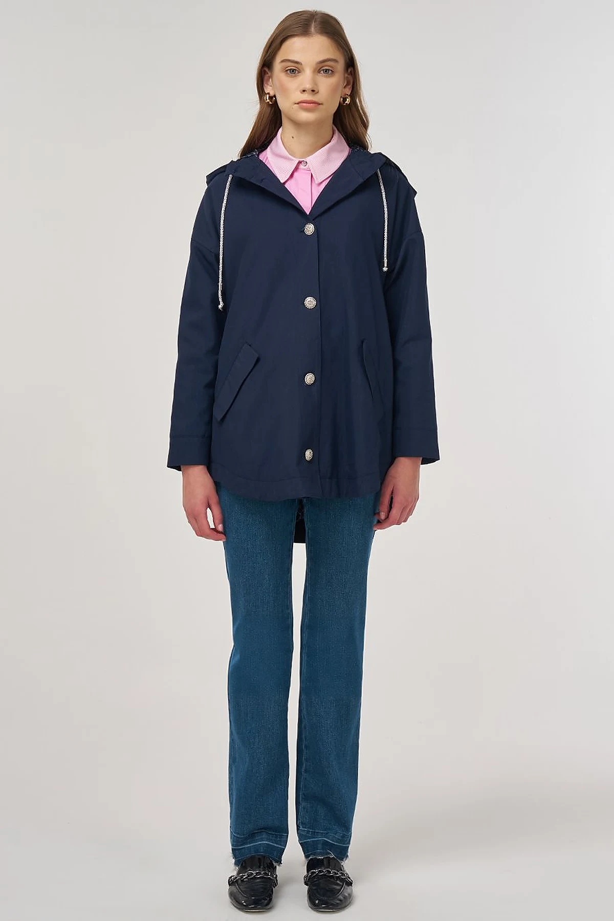 Buttoned Short Trench Coat Dark Navy