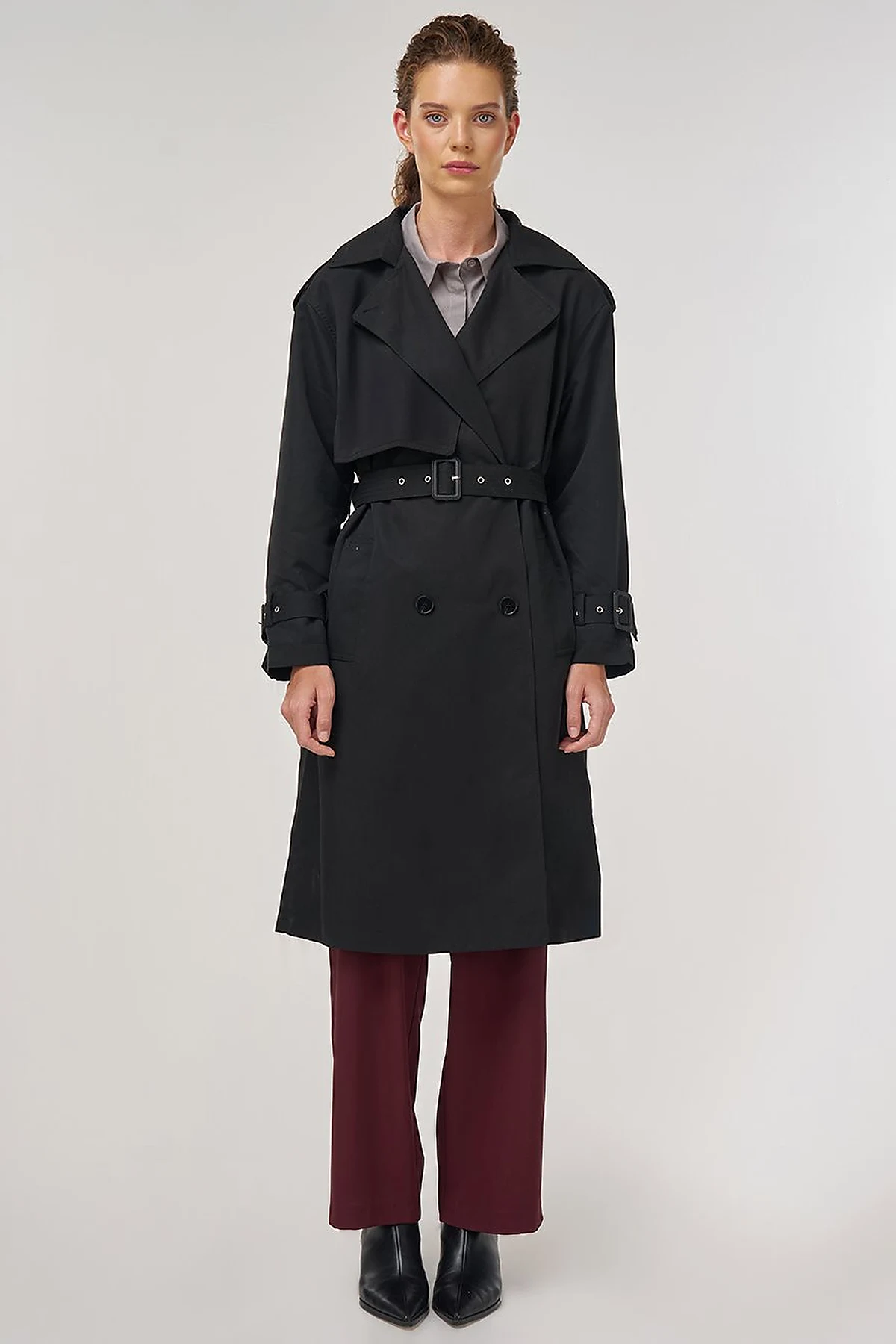 Epaulet Detailed Trench Coat Black