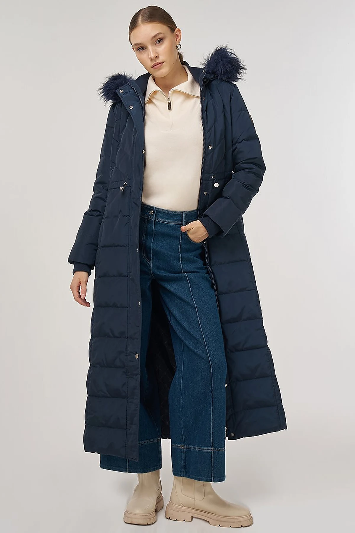 Snap-Button Goose Down Padded Jacket Navy 