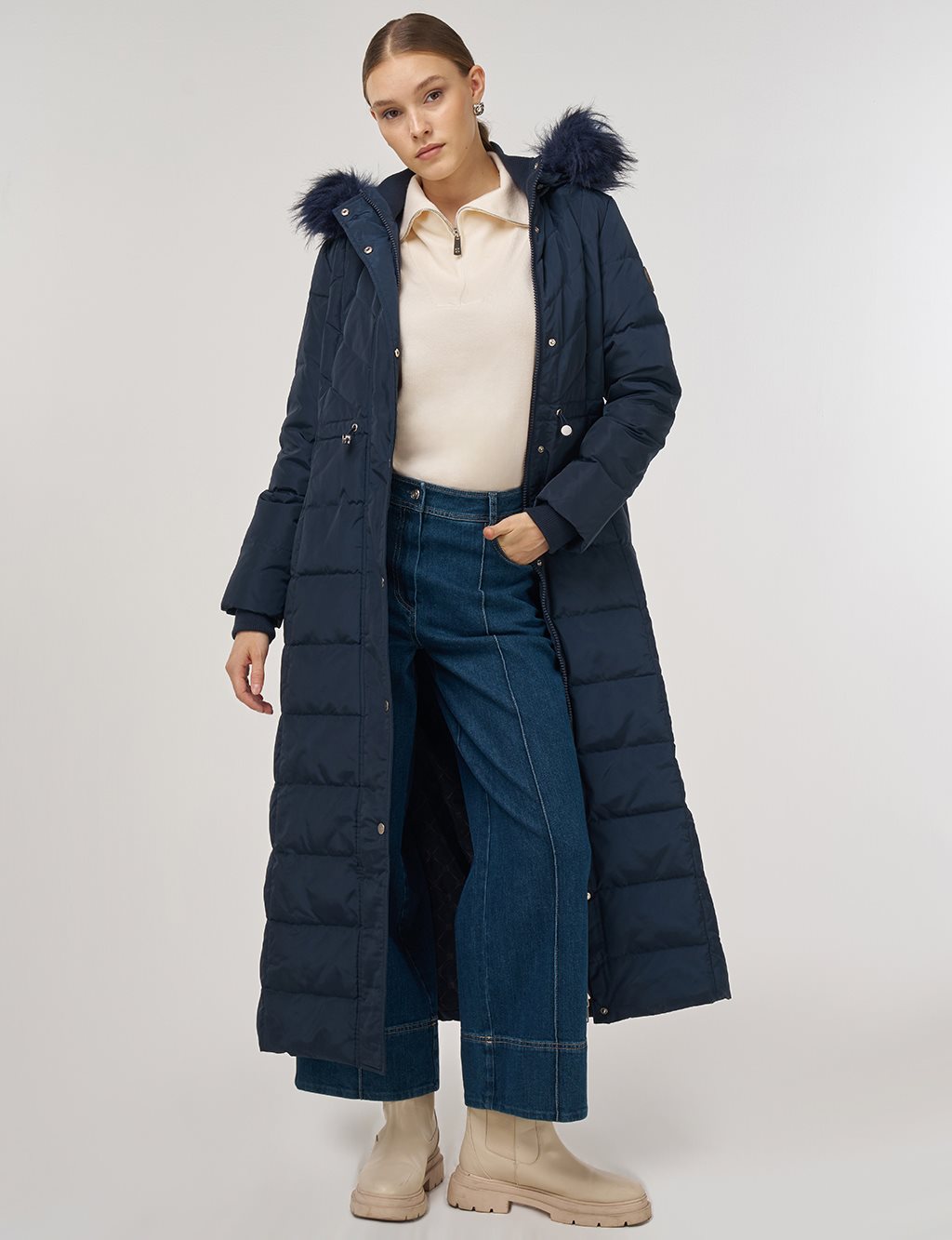 Snap-Button Goose Down Padded Jacket Navy 