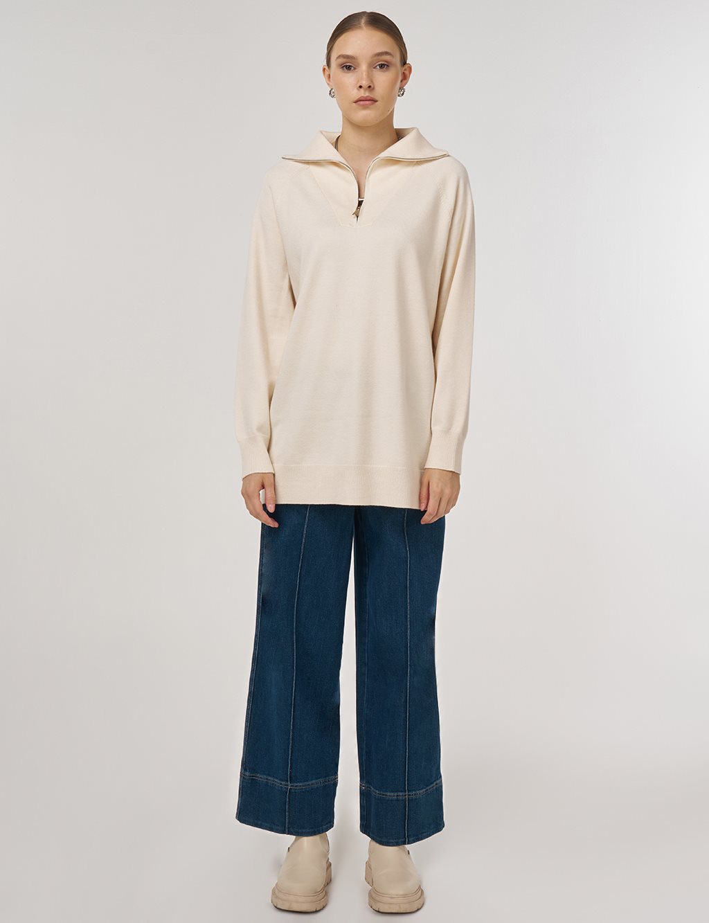 Fermuar Kapamalı Viskon Triko Tunik Krem 