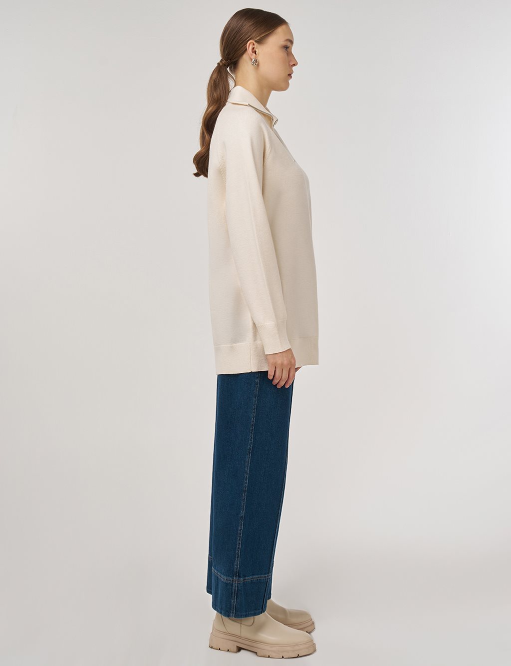 Fermuar Kapamalı Viskon Triko Tunik Krem 