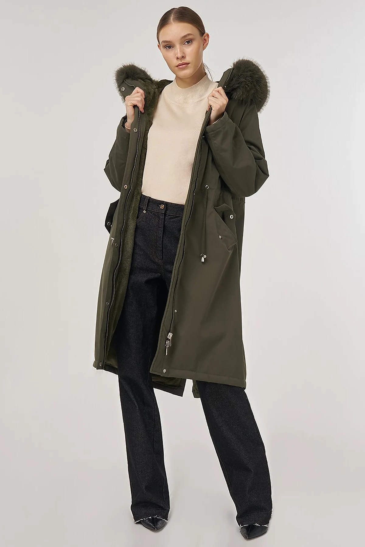 Faux Fur Anorak Jacket Khaki