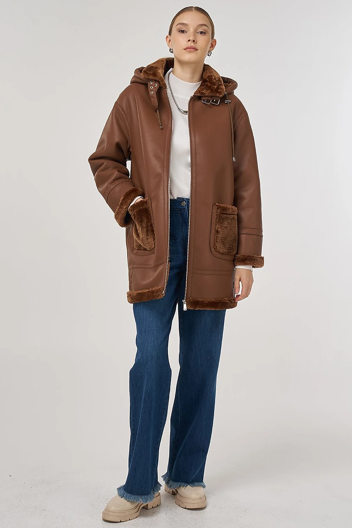 Belted Faux Leather Coat Dark Camel 