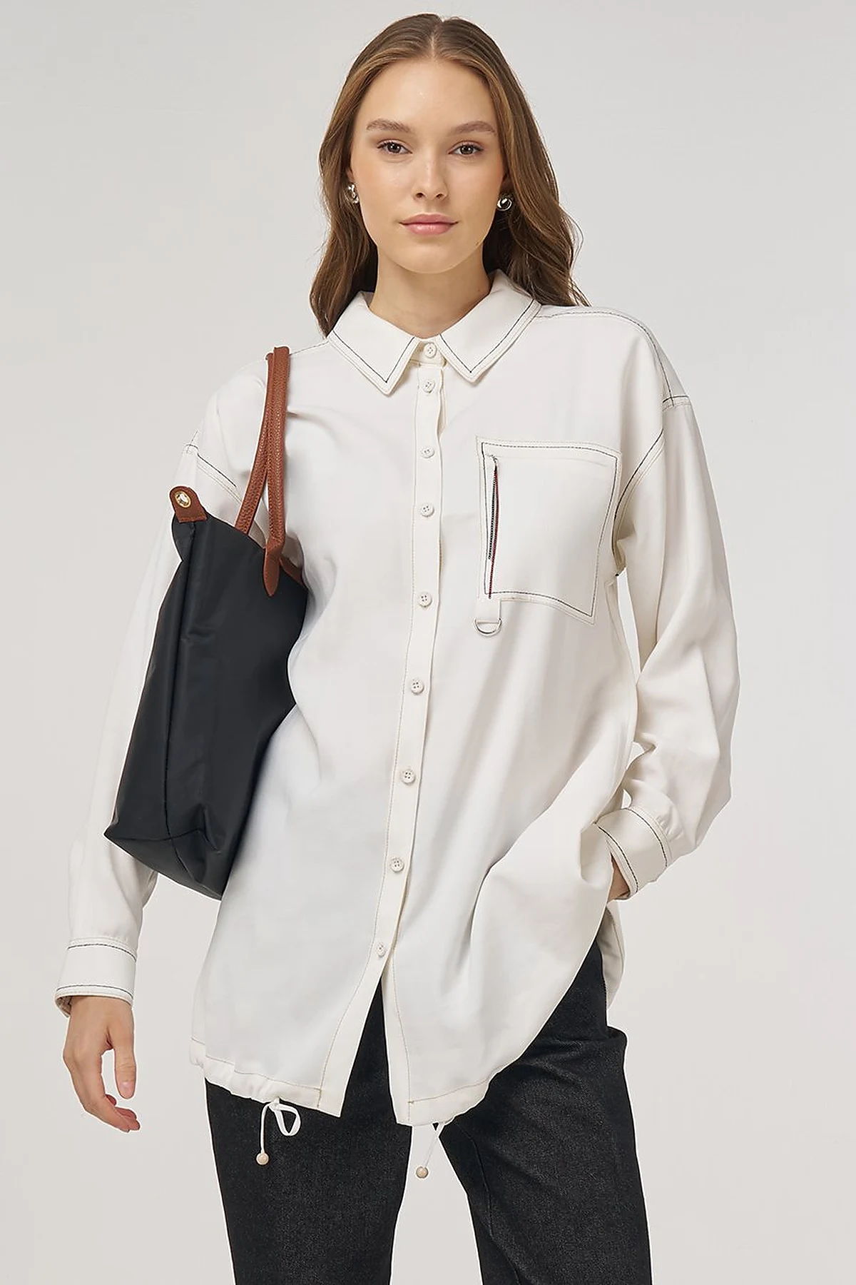 Punto-Stitched Chain-Embellished Tunic Ecru