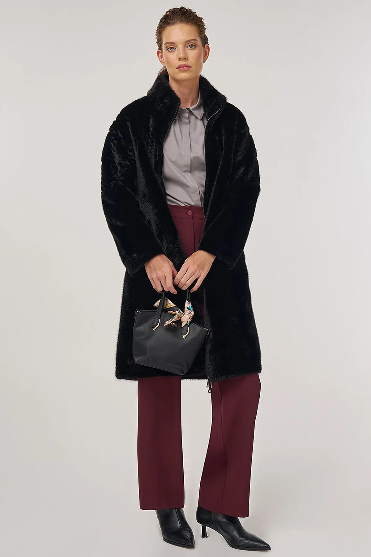 Stand-Collar Plush Coat Black