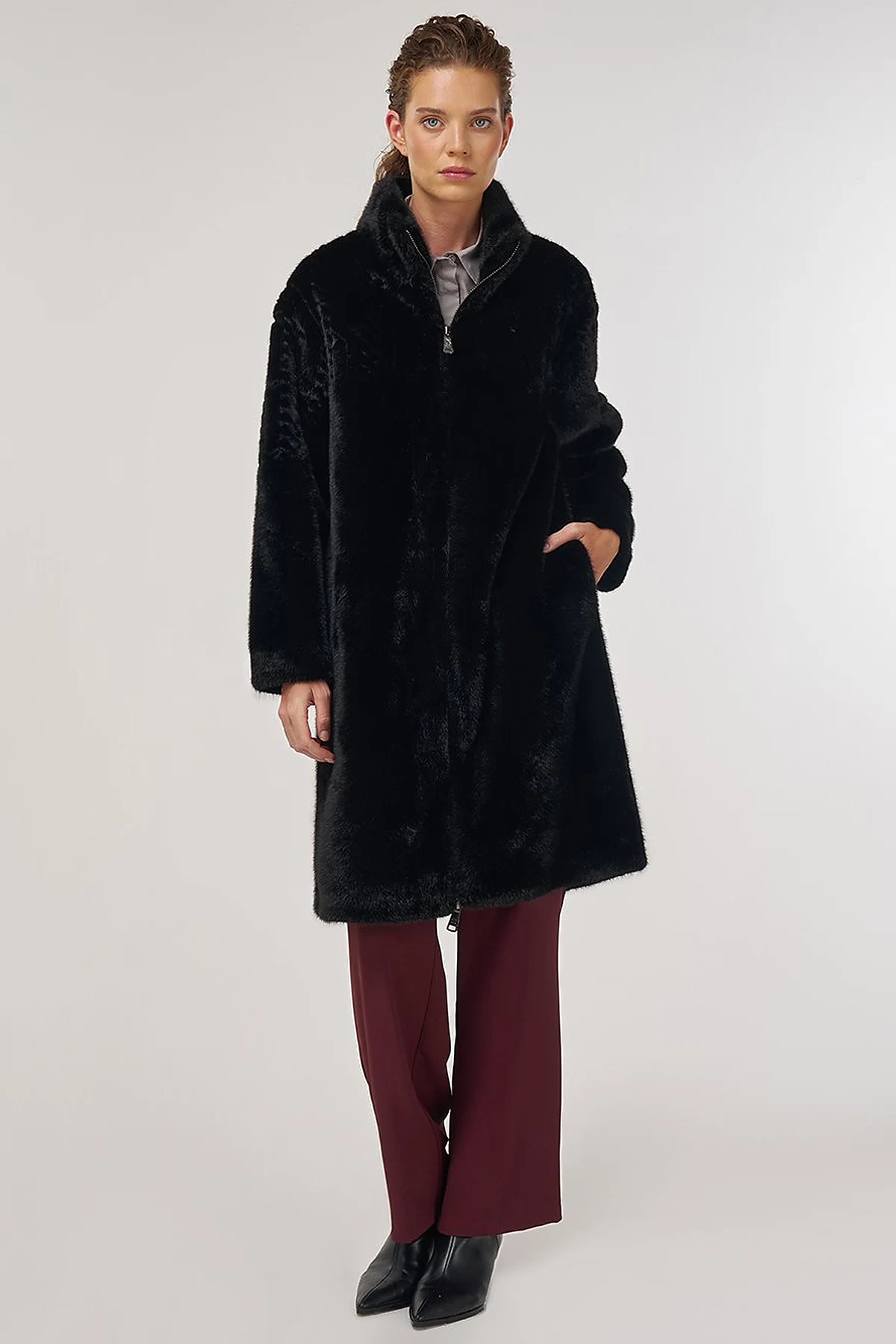 Stand-Collar Plush Coat Black