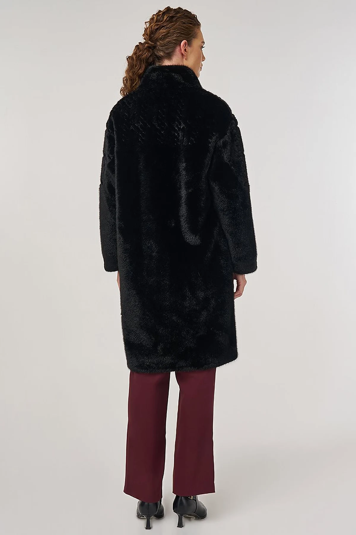 Stand-Collar Plush Coat Black