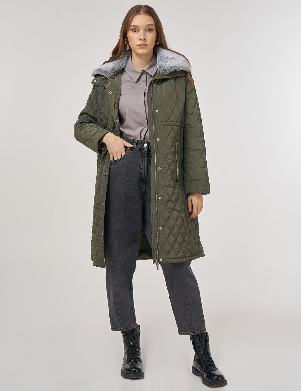 Fur-Detail Anorak Coat in Khaki