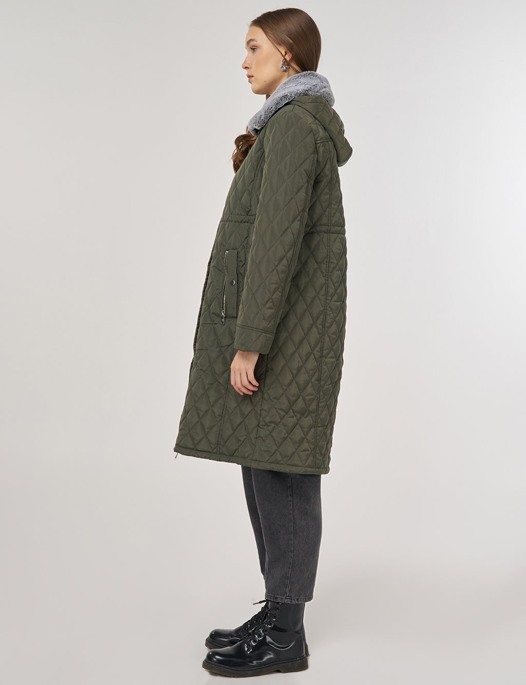 Fur-Detail Anorak Coat in Khaki