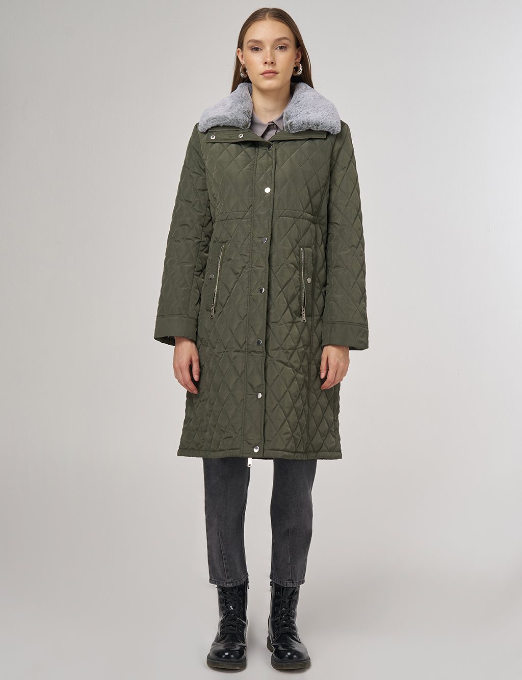 Fur-Detail Anorak Coat in Khaki
