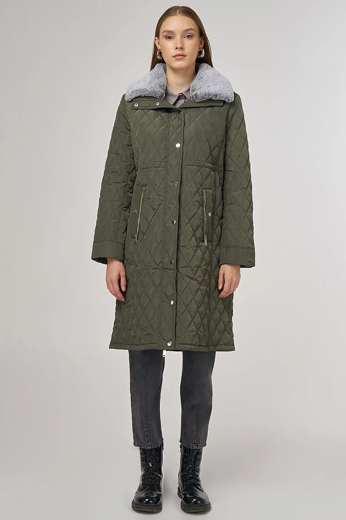 Fur-Detail Anorak Coat in Khaki