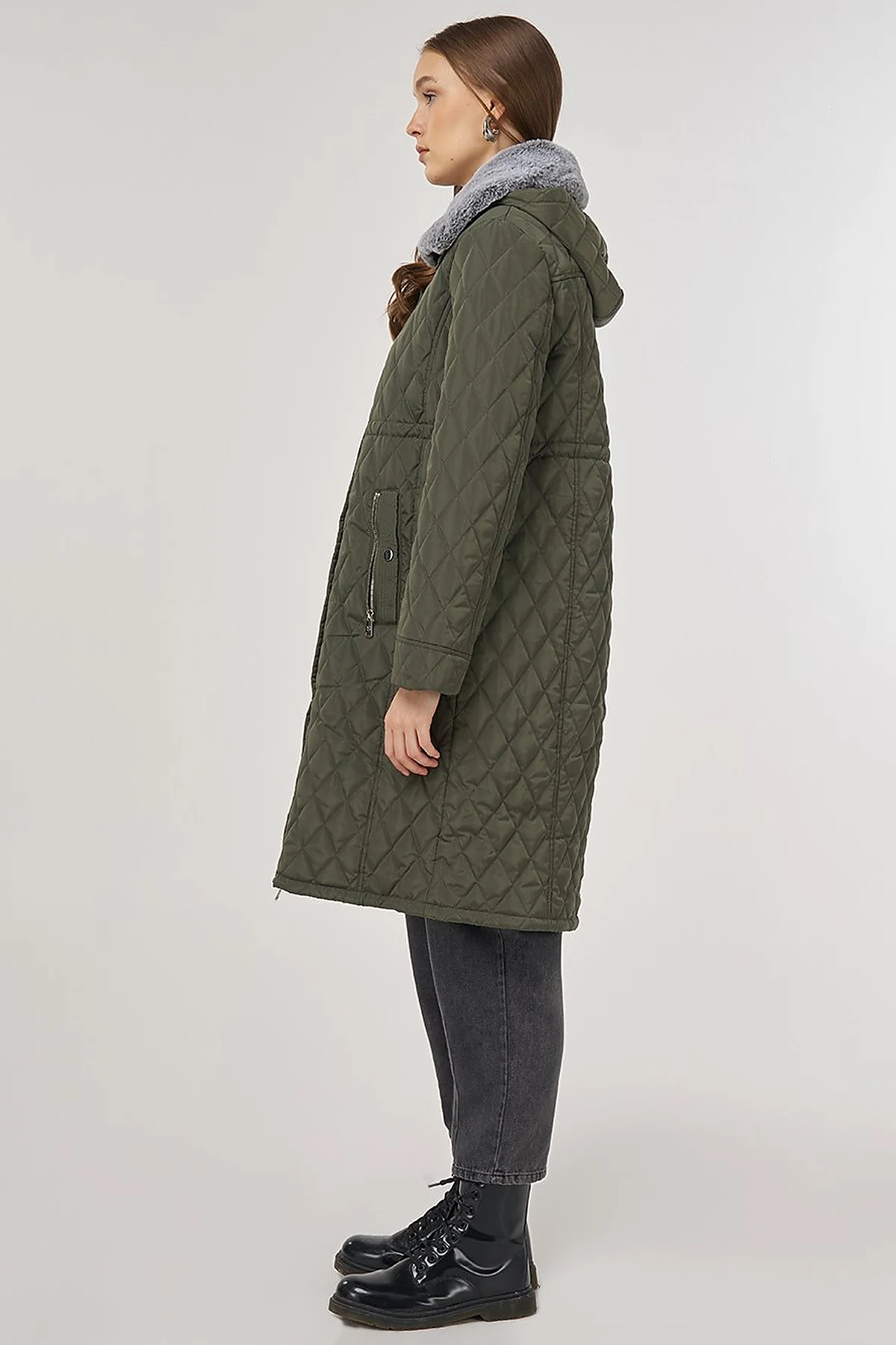 Fur-Detail Anorak Coat in Khaki