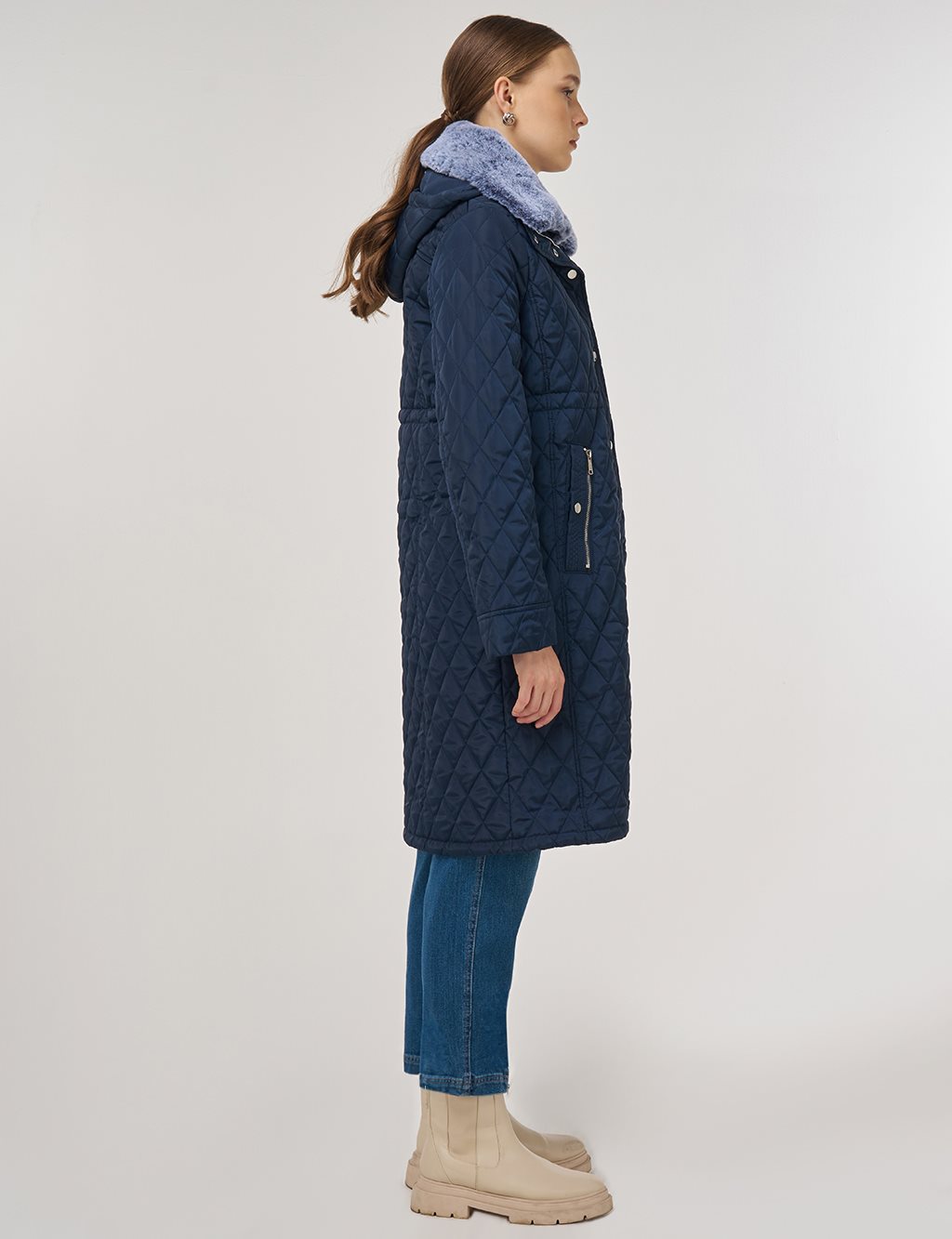 Fur-Detail Anorak Coat in Navy
