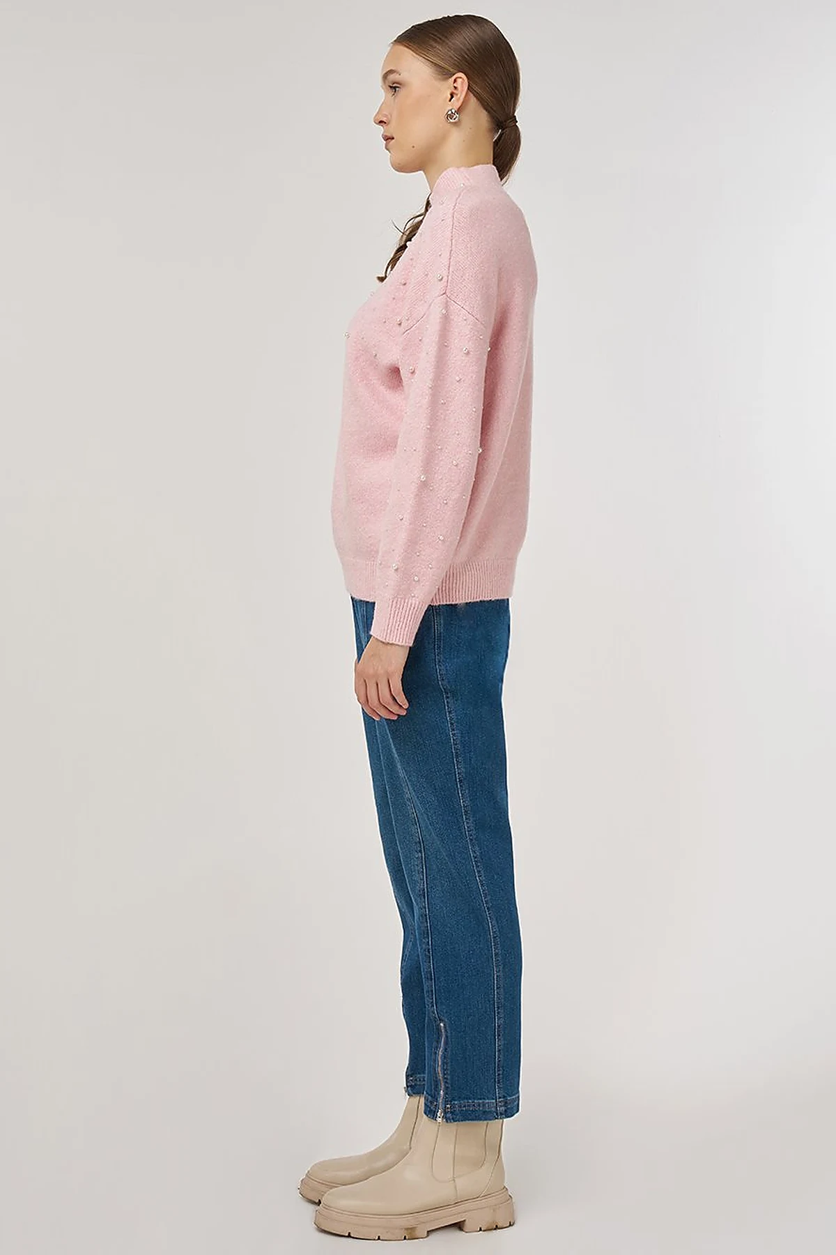 Pearl-Embellished Wool-Blend Knit Sweater Powder Pink 