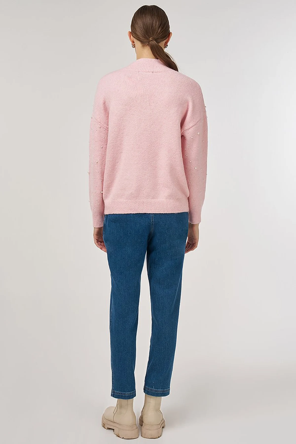 Pearl-Embellished Wool-Blend Knit Sweater Powder Pink 