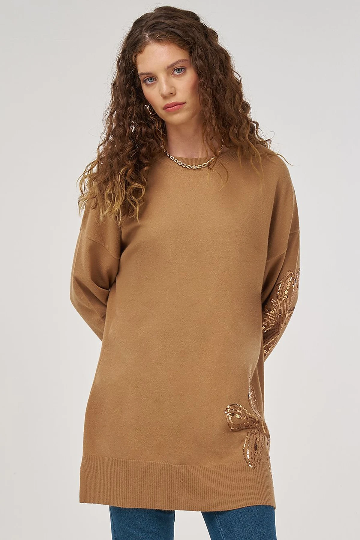 Sequin Detailed Knit Tunic Beige