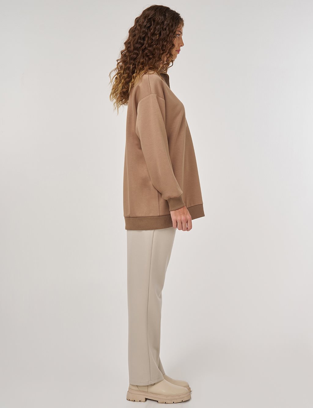 Düşük Omuz Viskon Sweatshirt Bej 