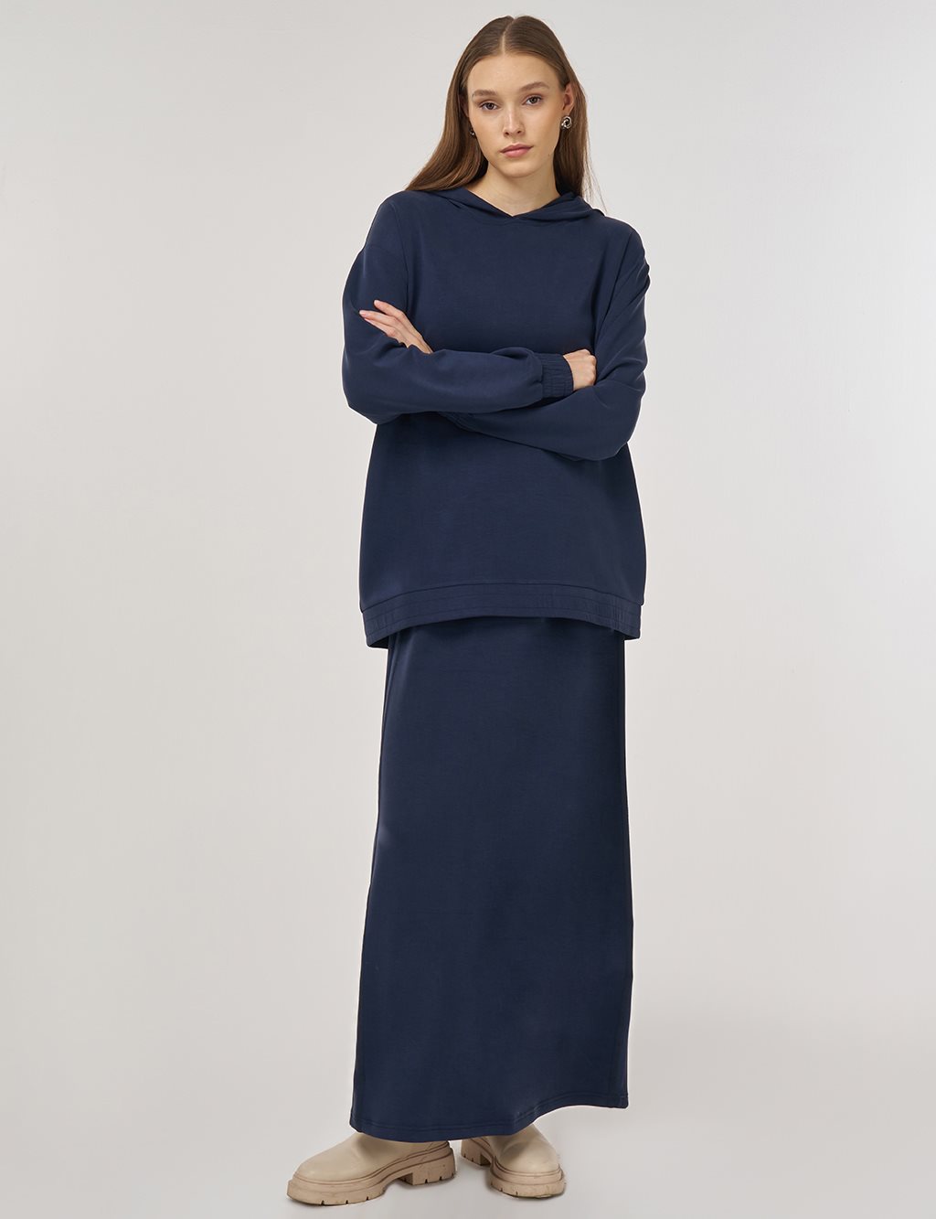 Hooded Skirted Two-Piece Suit in Navy Blue