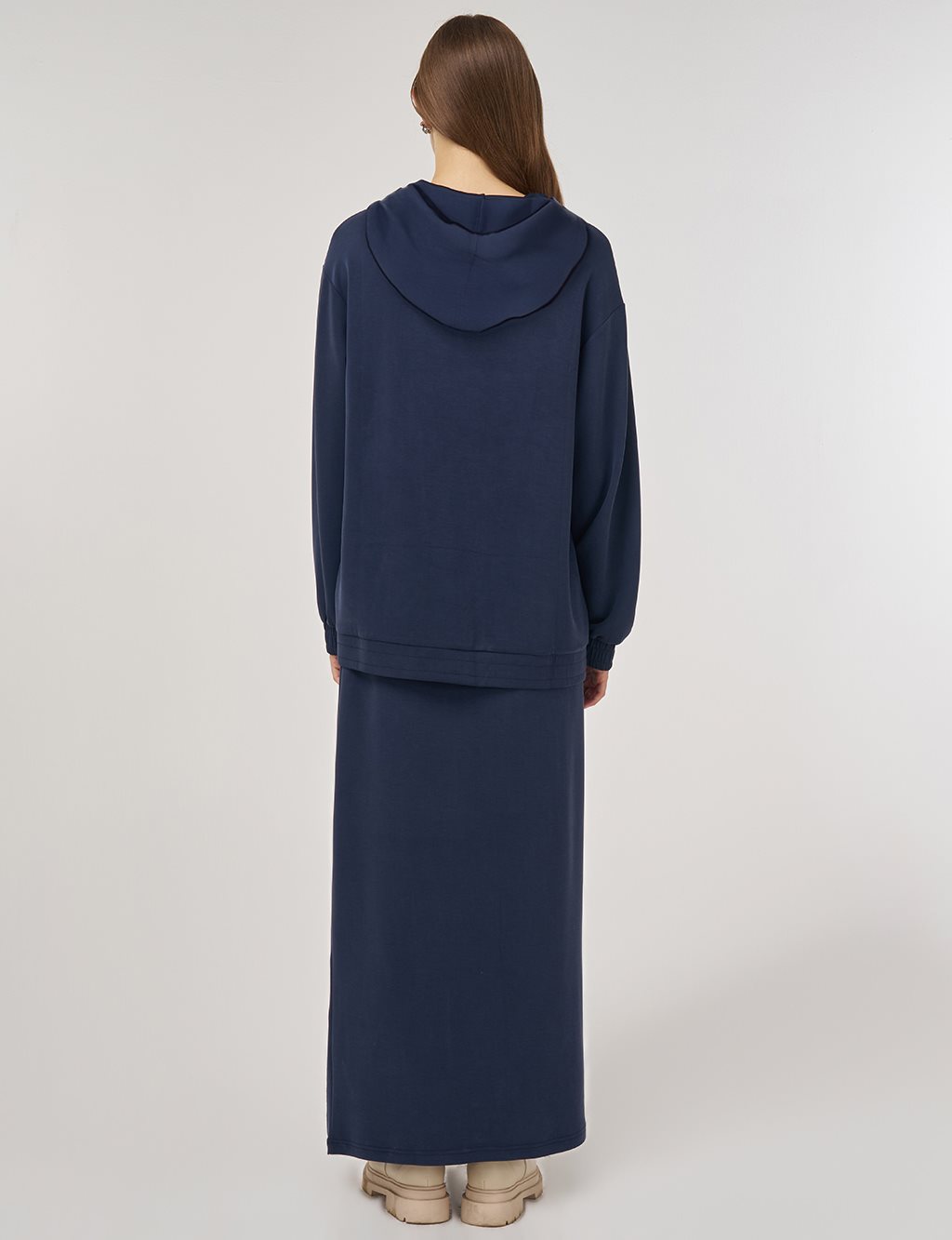 Hooded Skirted Two-Piece Suit in Navy Blue