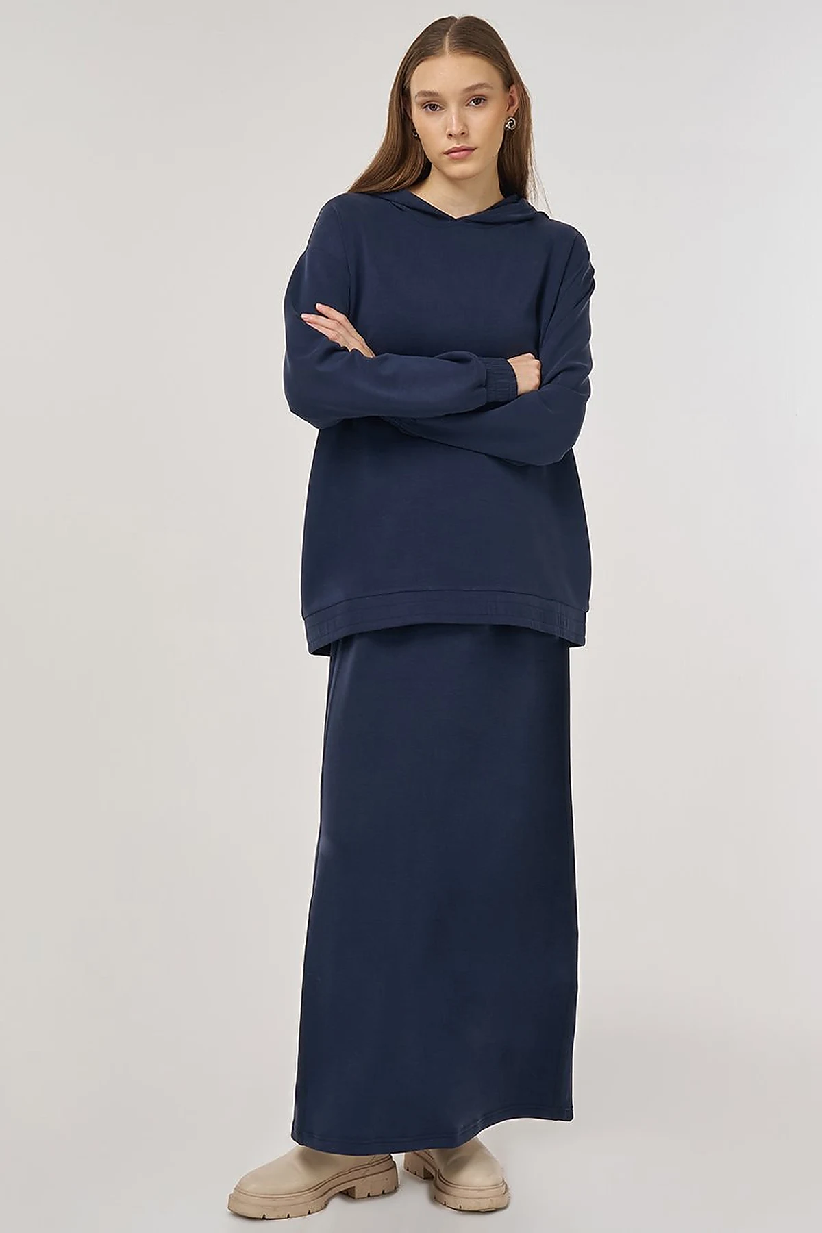 Hooded Skirted Two-Piece Suit in Navy Blue
