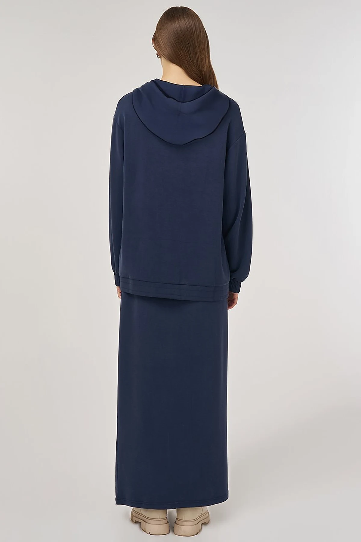 Hooded Skirted Two-Piece Suit in Navy Blue