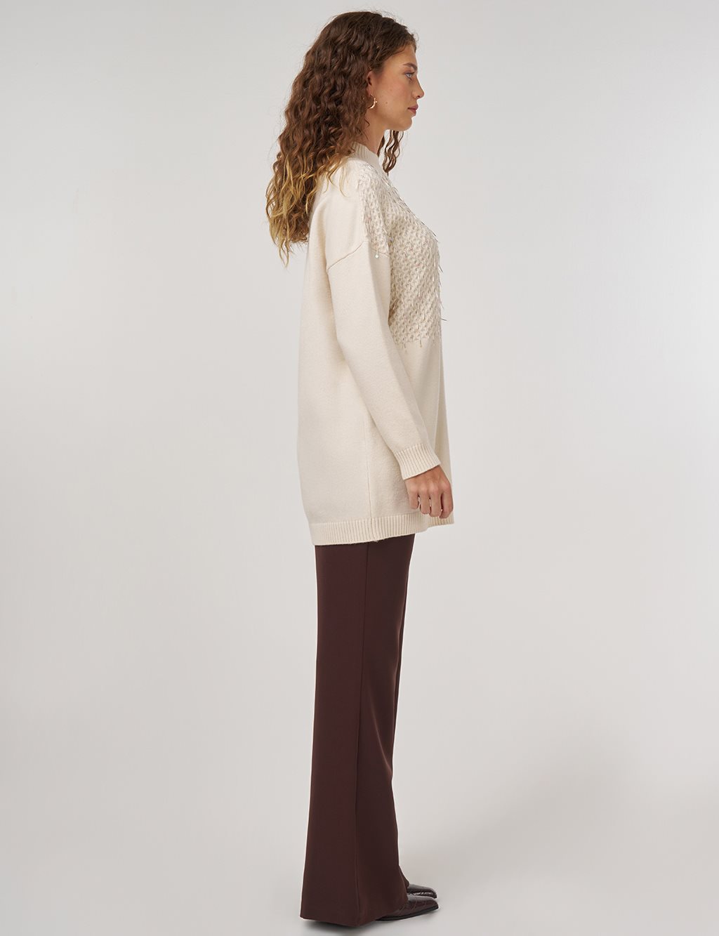 Knit Detailed Viscose Knit Tunic in Cream