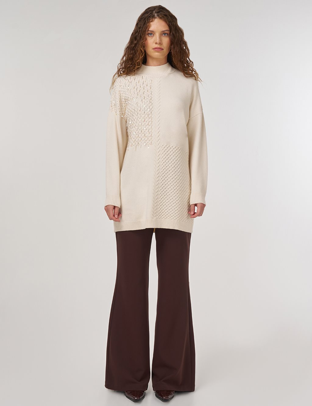 Knit Detailed Viscose Knit Tunic in Cream