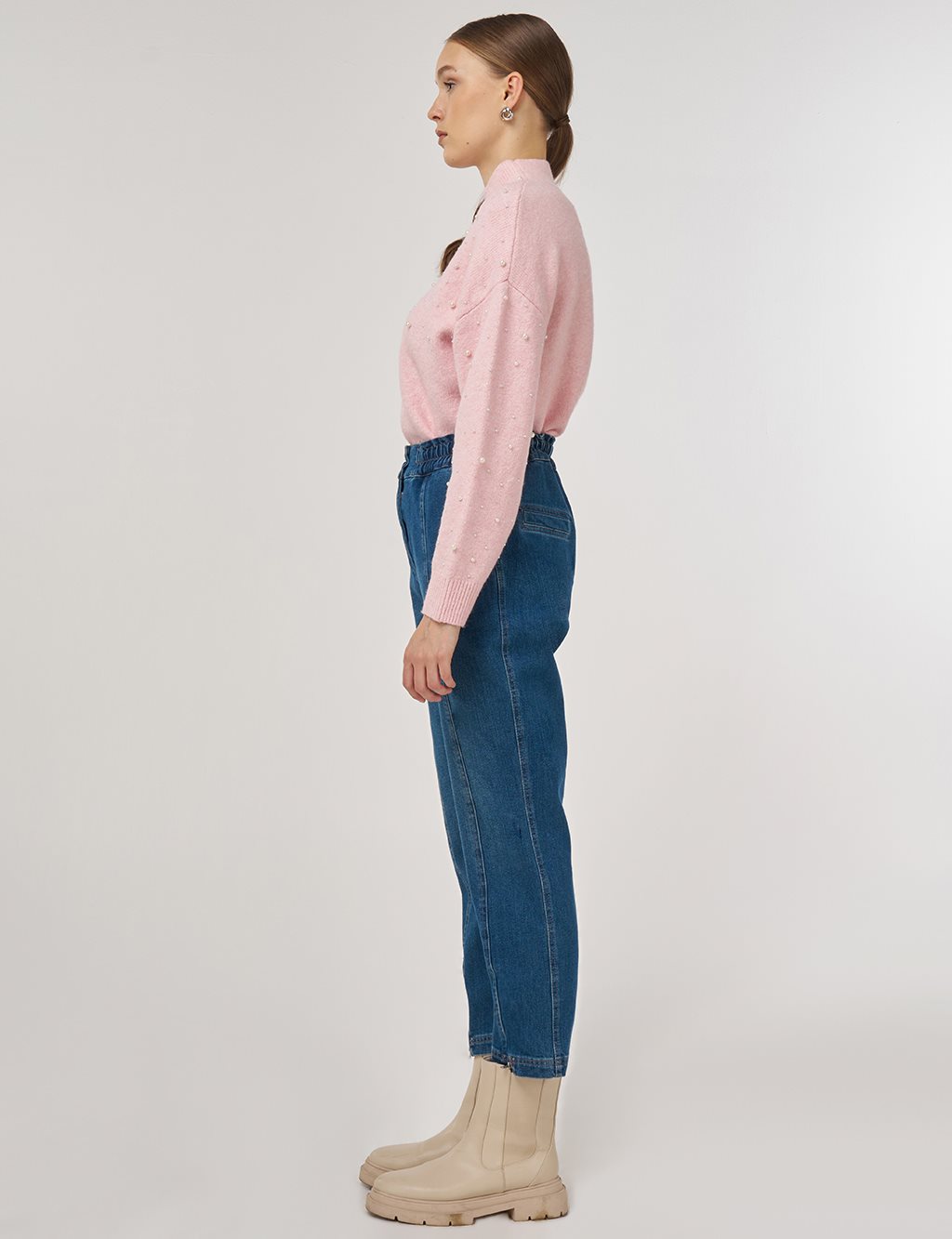 Zip Detailed Denim Trousers Navy 