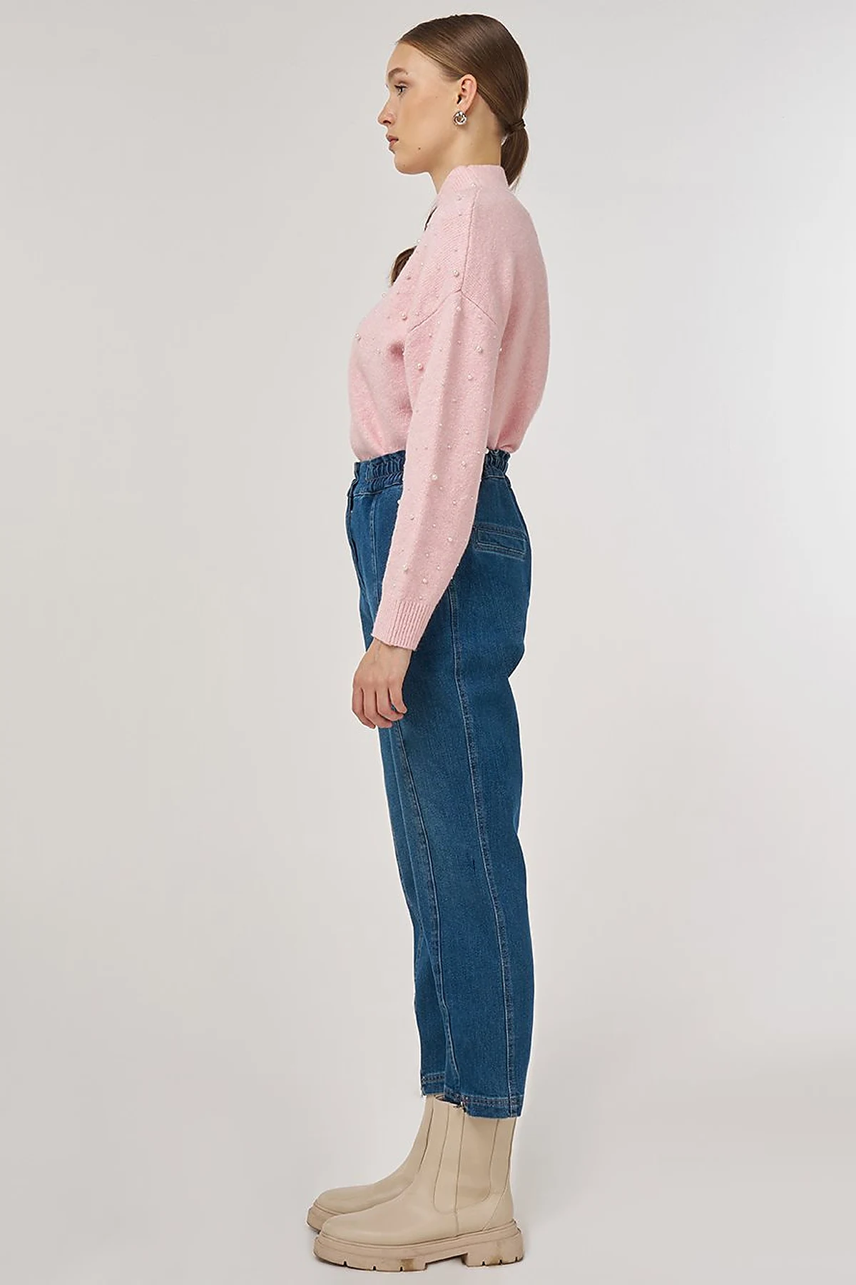 Zip Detailed Denim Trousers Navy 