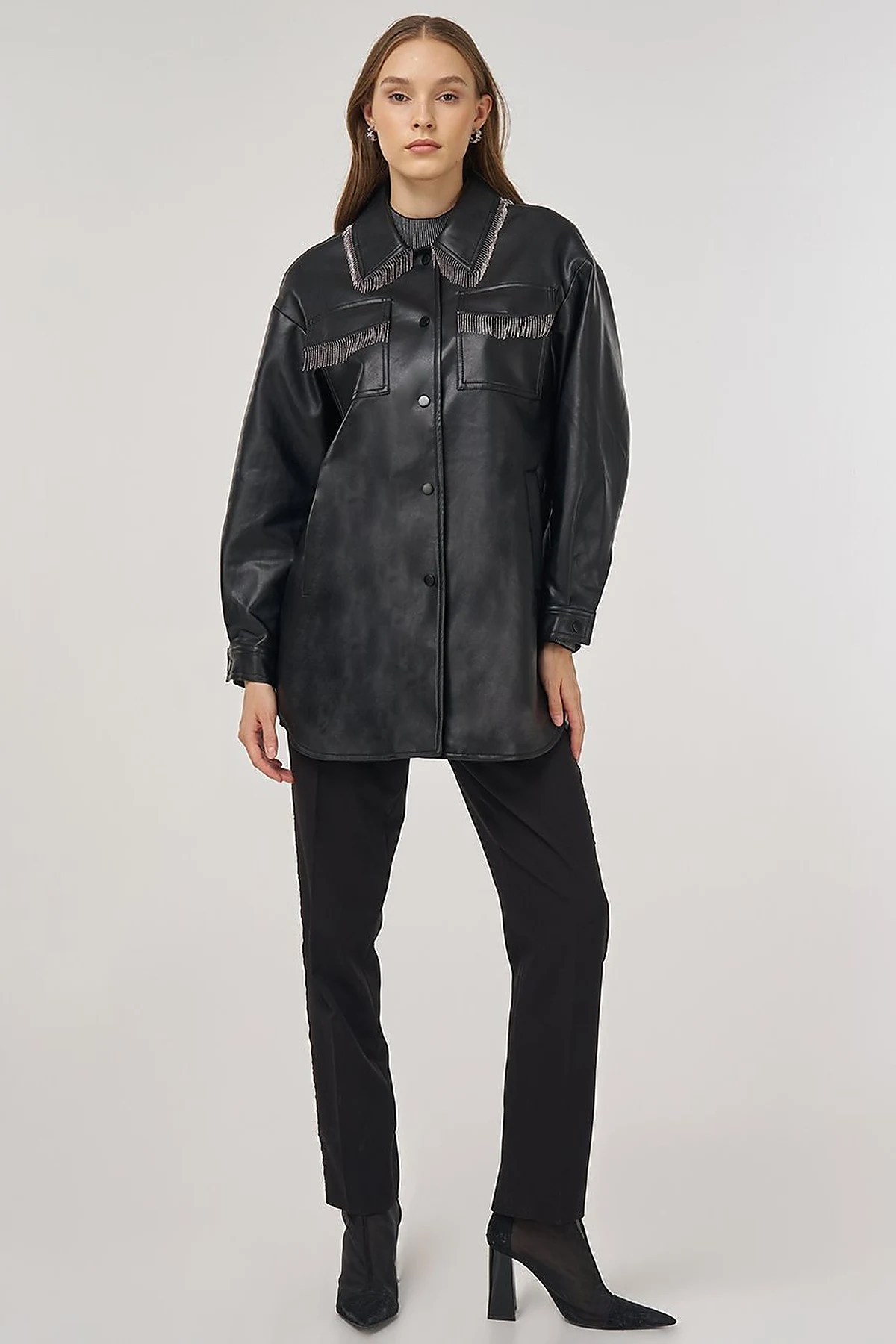 Faux Leather Jacket with Dangling Detail in Black