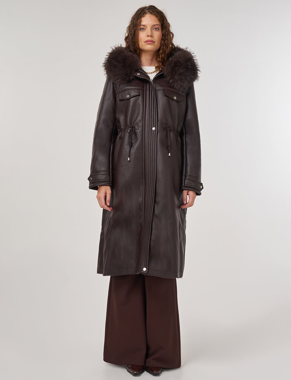 Faux Fur Detailed Faux Leather Jacket Brown